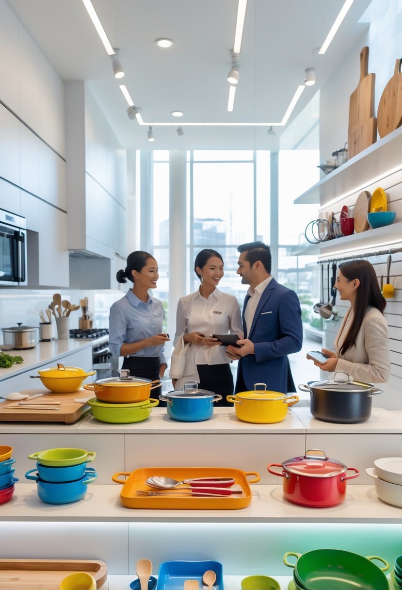 Customers and a salesperson in a modern kitchen showroom looking at various kitchen accessories displayed on shelves and countertops.