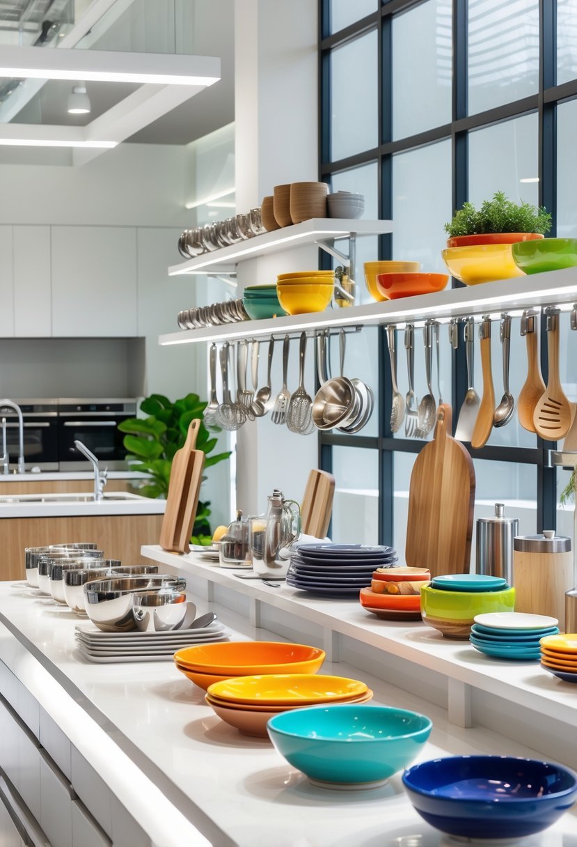 A modern kitchen showroom with shelves and countertops filled with various kitchen accessories and utensils.
