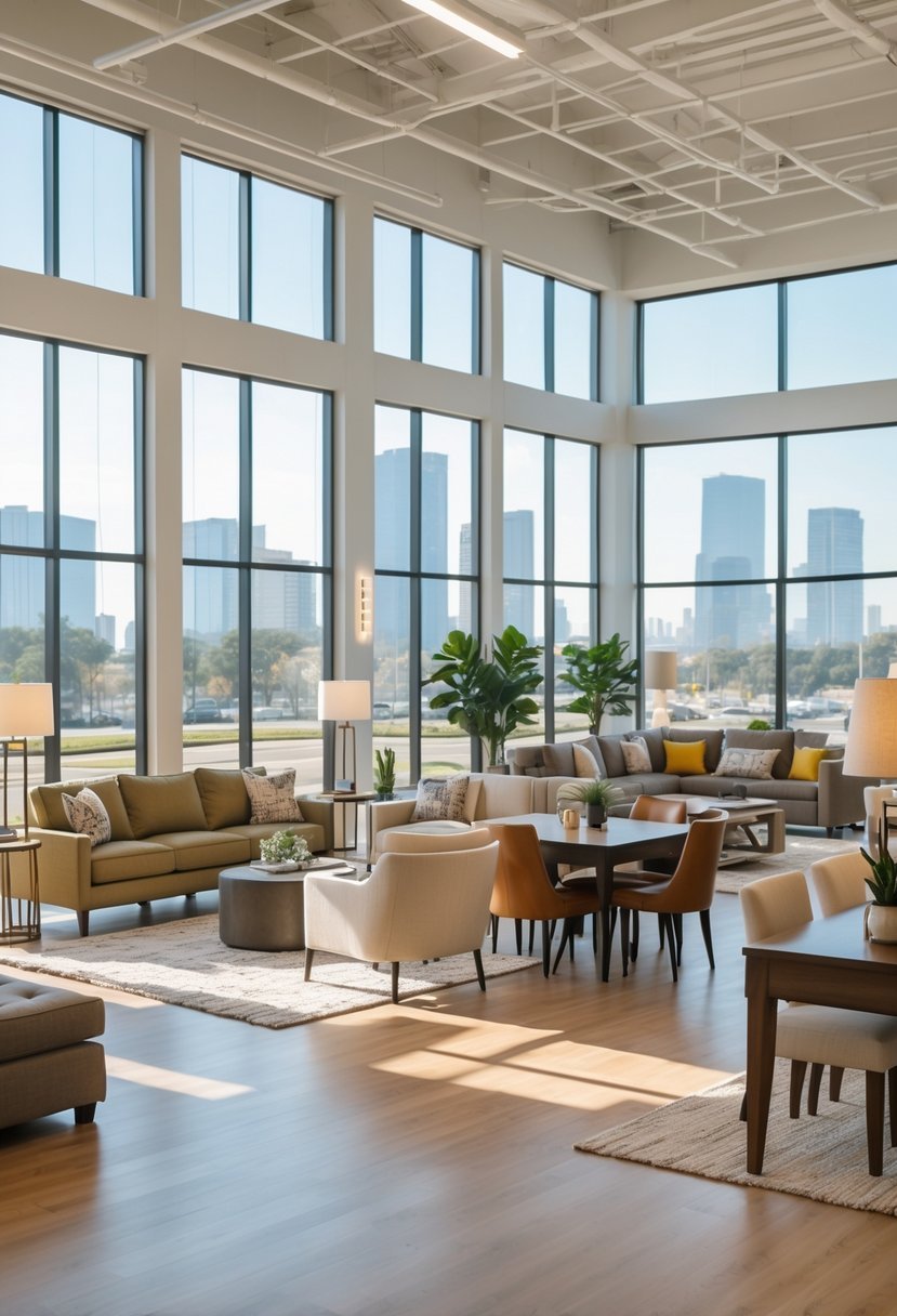 A spacious furniture showroom with various sofas, tables, and chairs arranged neatly, illuminated by natural light from large windows showing a city skyline.