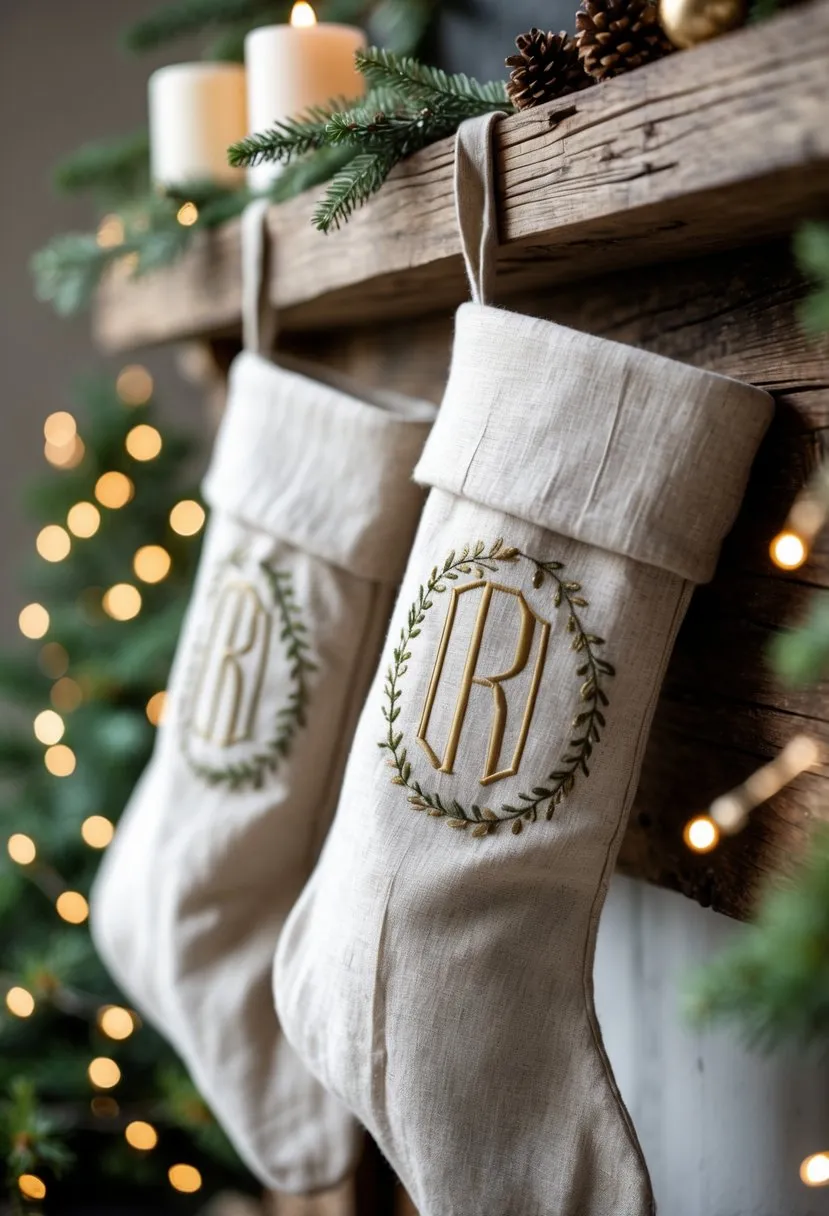 Neutral Linen Stockings with Monogram Embroidery