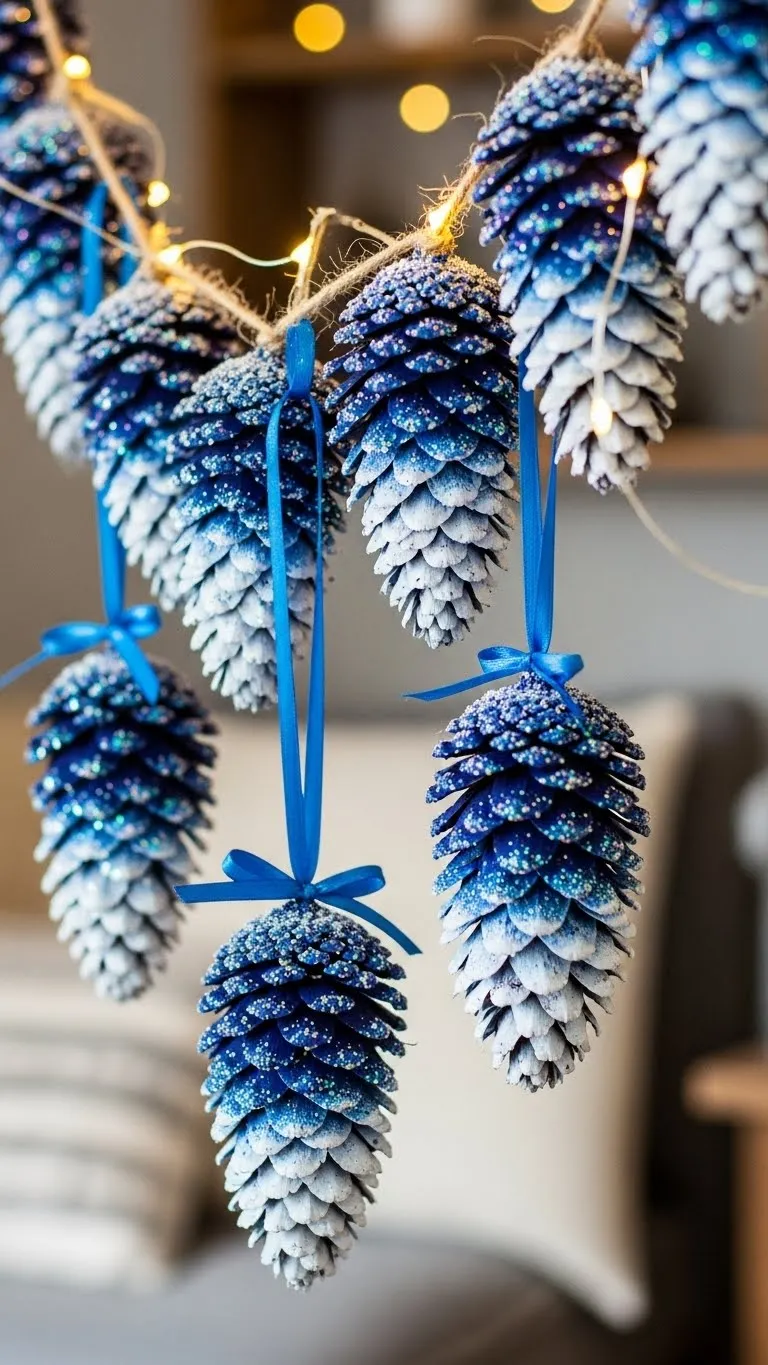 Blue Christmas Decor DIY Frosted Pinecone Ornaments & Garland