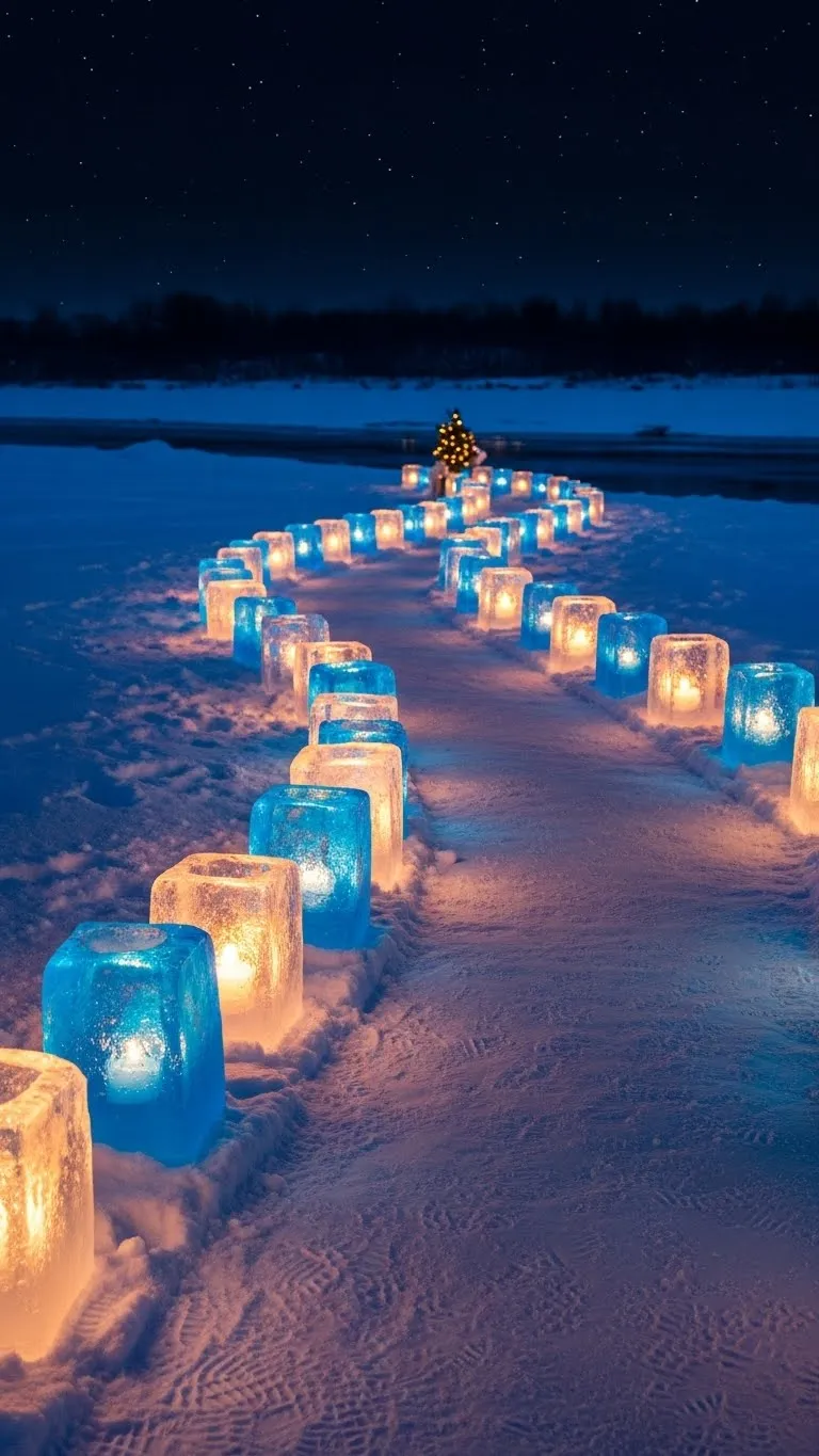 Blue Christmas Decor Outdoor Pathway of Ice Luminaries