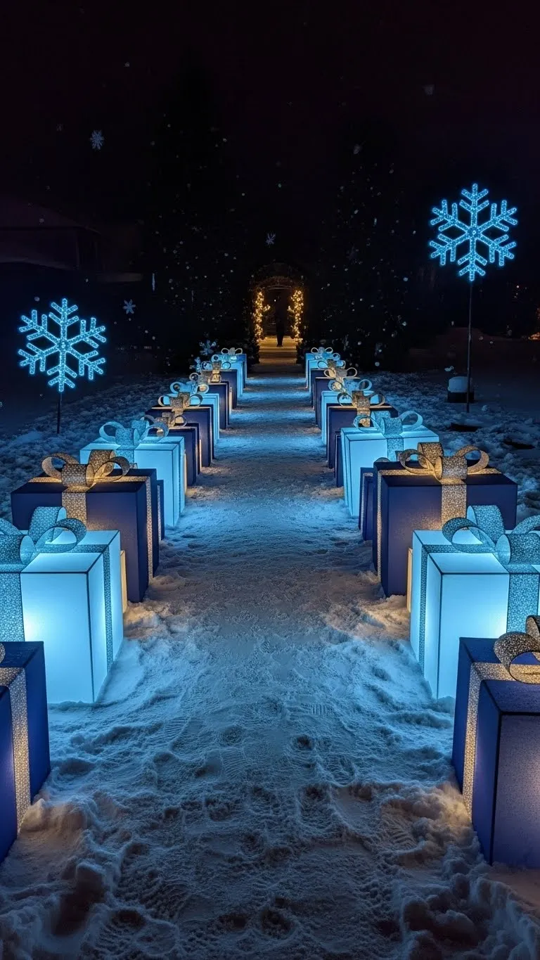  Blue Christmas Decor Outside Using Oversized Illuminated Gift Boxes