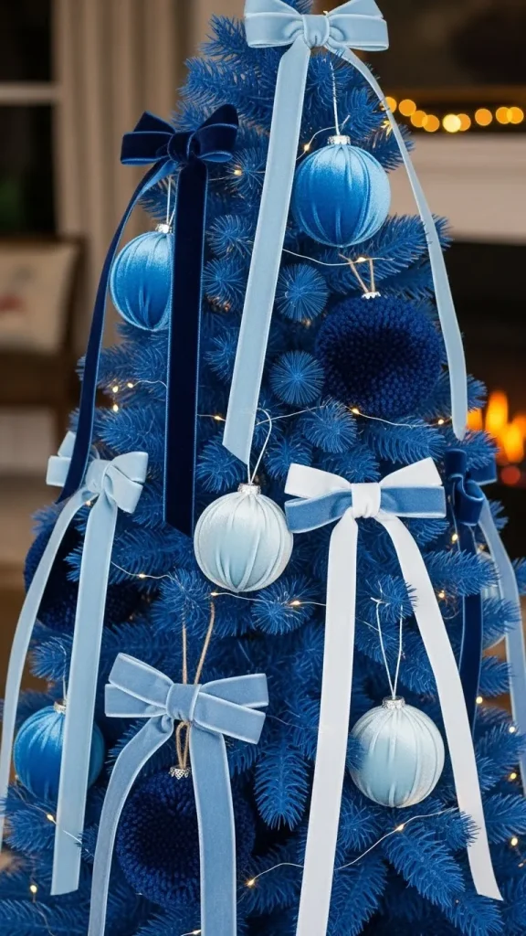  Blue Christmas Decor Tree with Handmade Velvet & Ribbon Ornaments