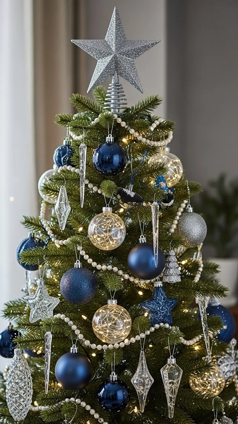 Blue and Silver Christmas Tree Decorations with Crystal & Pearl Accents