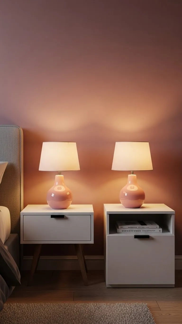  Blush pink bedside lamps with warm bulbs