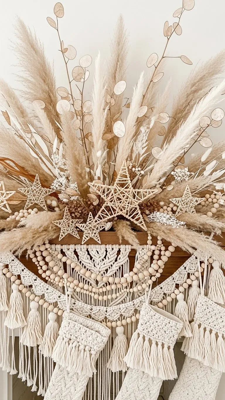 Boho Christmas Mantel with Pampas Grass & Macramé Magic