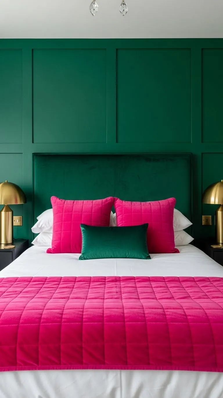 Bold Emerald Green Feature Wall and Hot Pink Bedding