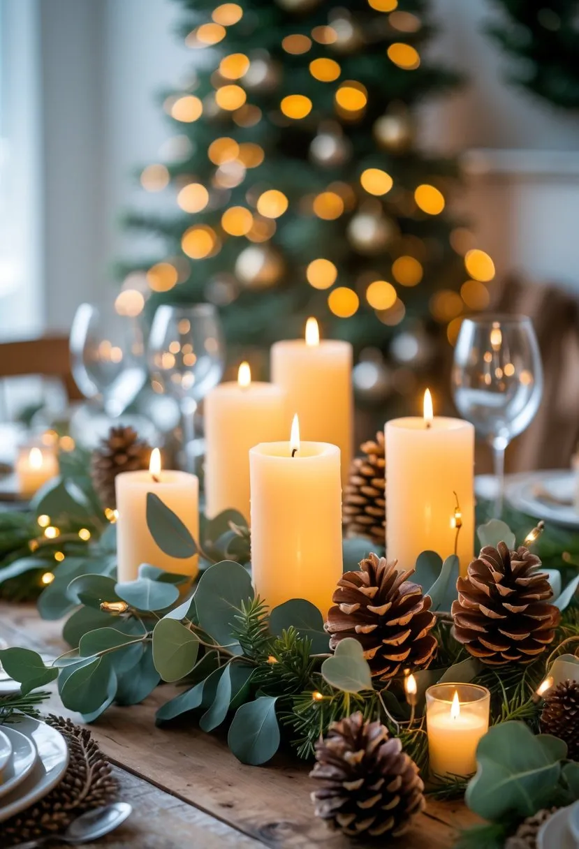 Candlelit Centerpiece with Eucalyptus and Pinecones