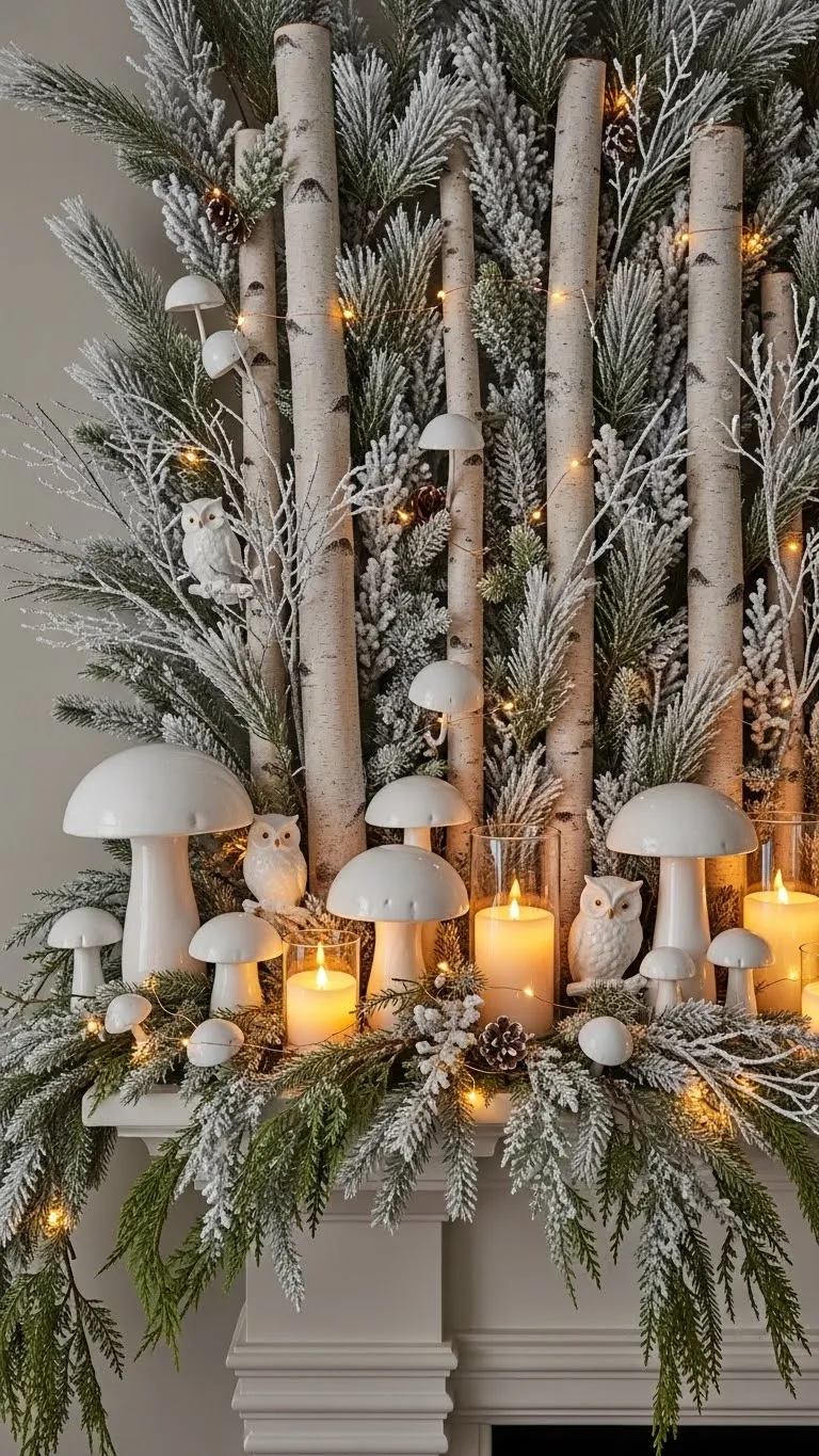 Frosted Birch & Pine Mantel Fores