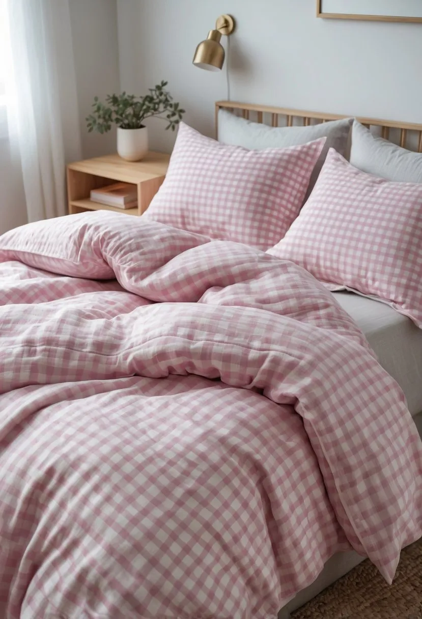  Pink Gingham Linen Duvet Cover