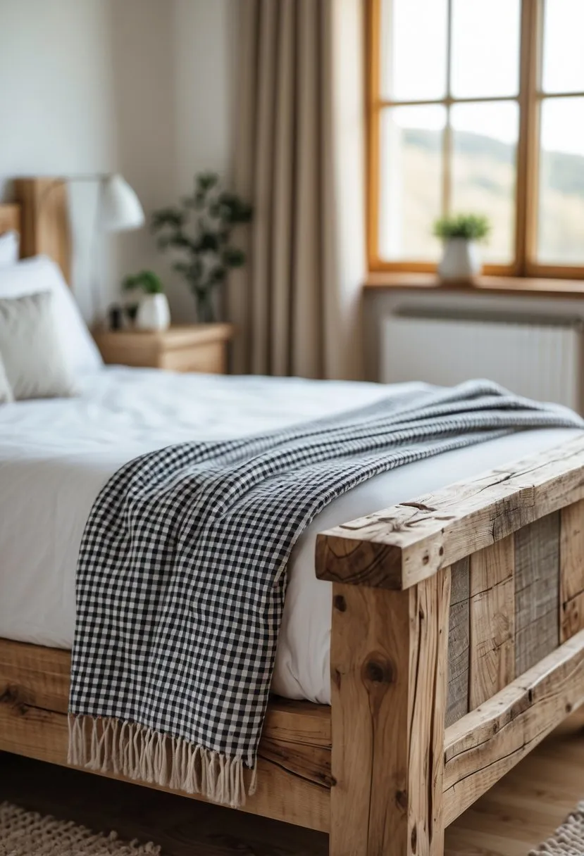 Rustic Wooden Bed Frame with Gingham Throw