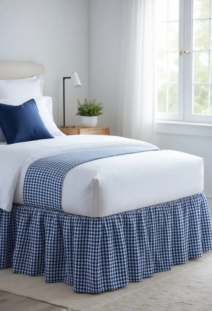 Preppy Navy Blue Gingham Bed Skirt