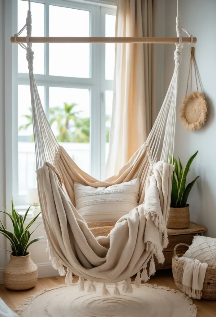  Hammock with Sand-Colored Rugs for Seaside Vibes