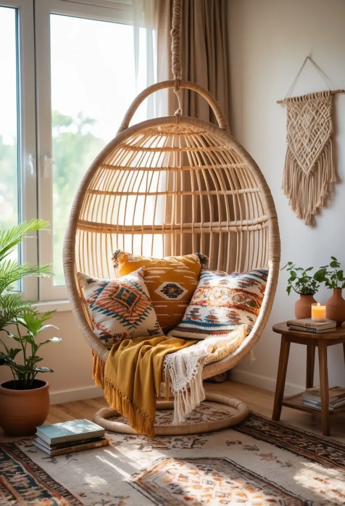  Hanging Chair in Rattan with Boho Textiles