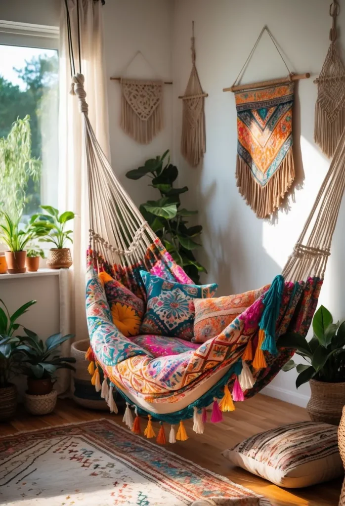 Macramé Hammock with Colorful Woven Patterns