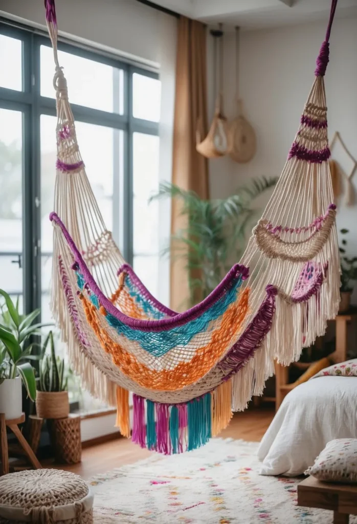  Hanging Chair in Rattan with Boho Textiles