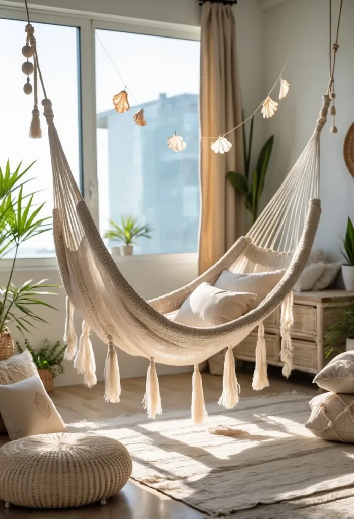 Beach-Themed Hammock Setup with Seashell Accents