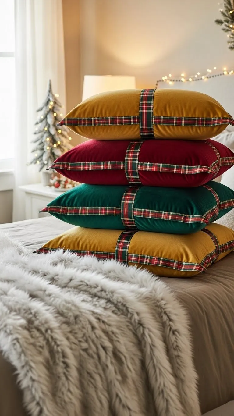 diy velvet pillow coveers with plaid accents