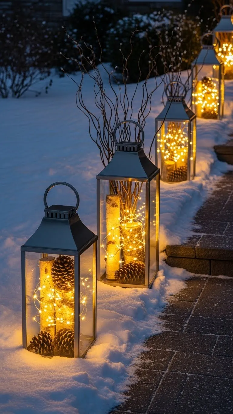Front Walkway with Oversized Lanterns and Birch