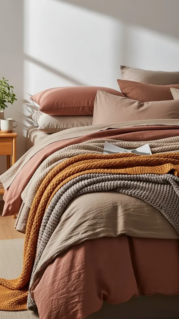 Layered linens in earthy rose paired with warm neutrals