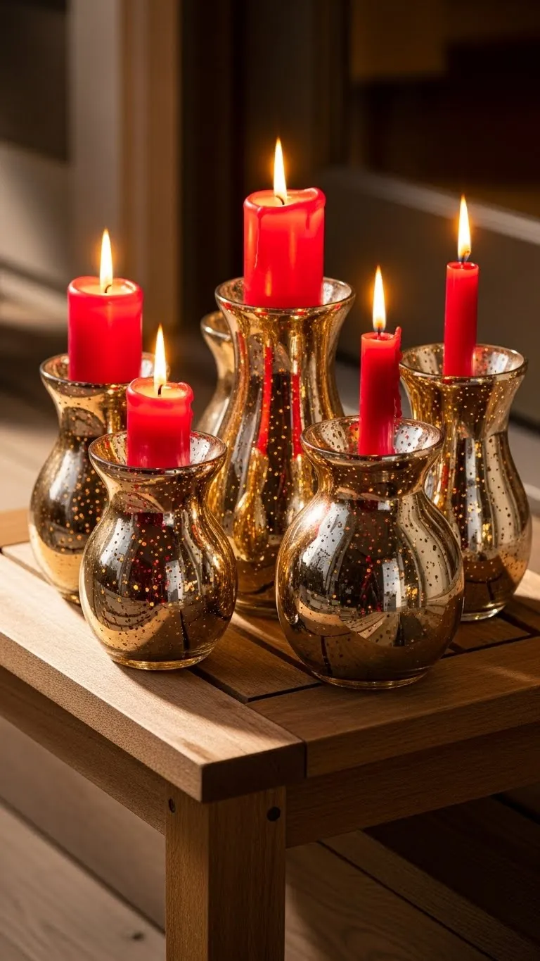 Mercury Glass Vases with Red Candle Stubs