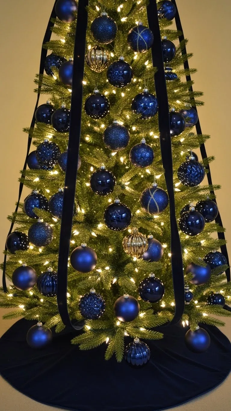 Navy Blue Christmas Tree Decorations on a Classic Green Tree
