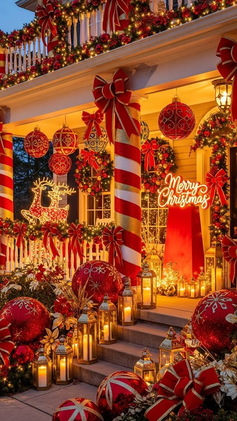 21 Christmas Themes That Are Blowing Up Pinterest Right Now 17 Outdoor Red-and-Gold Porch Drama (The Neighbor-Envy Theme)