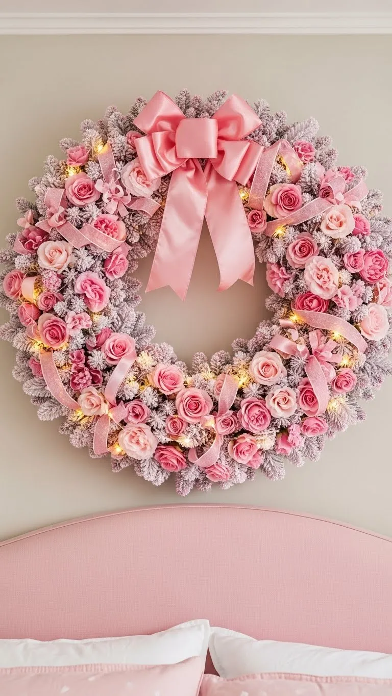 Oversized Pink Wreath as Headboard Art
