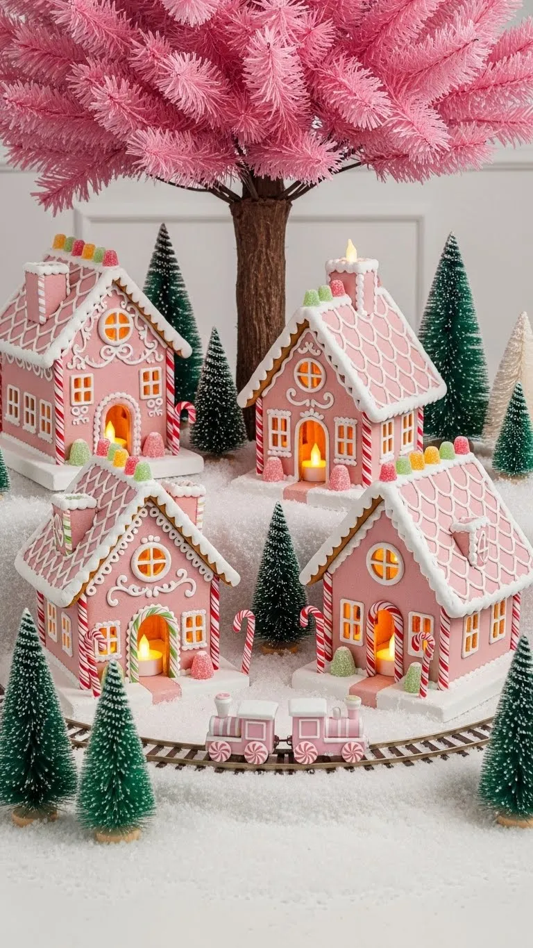 Pink Gingerbread House Village Under the Tree
