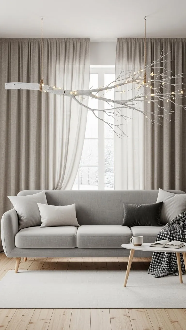 Suspend One Dramatic Snowy Branch Above the Sofa
