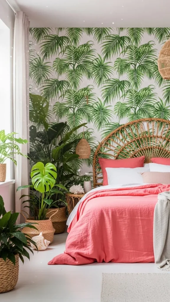 Tropical-Inspired with Palm Prints and Coral Pink