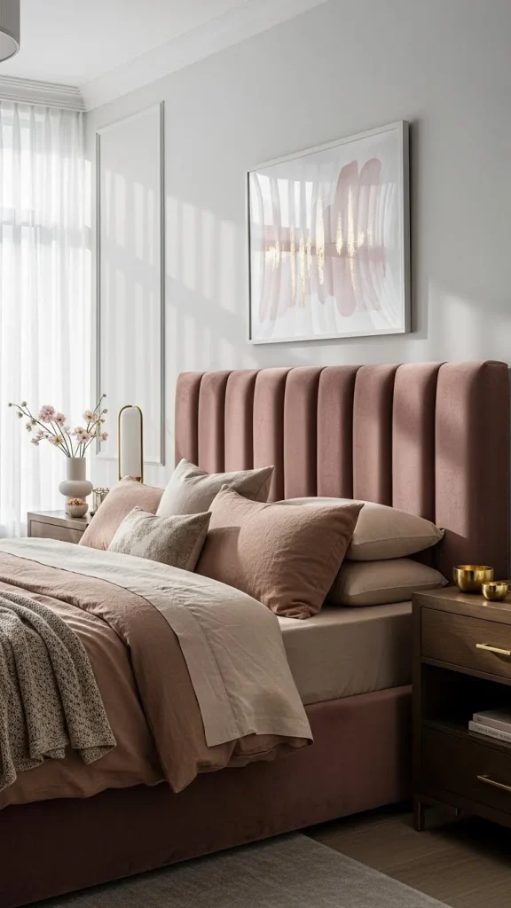 Velvet blush-mauve headboard for texture and elegance