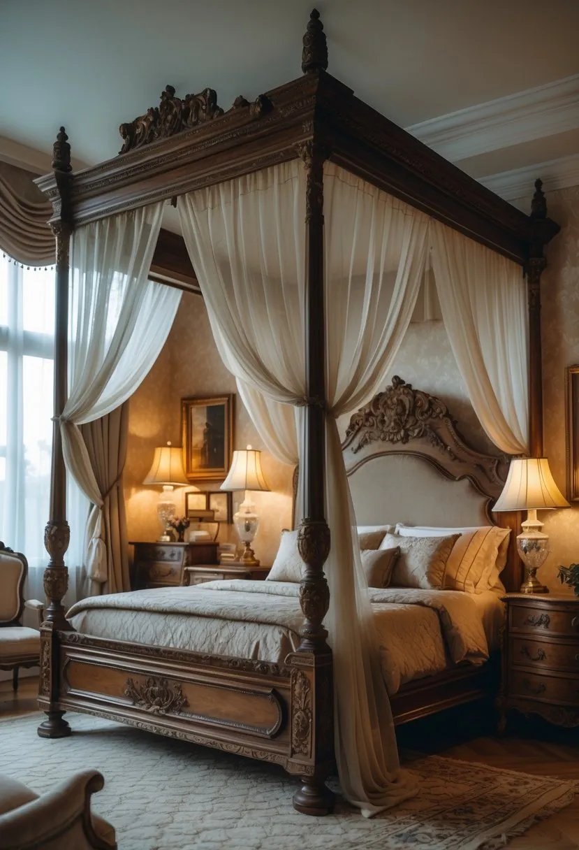  Victorian-Inspired Canopy Bed with Ornate Carvings