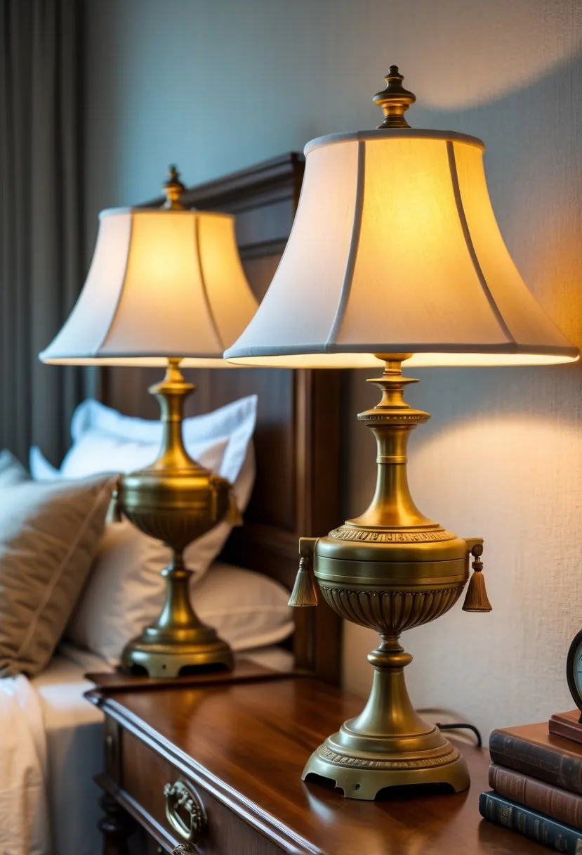  Antique Brass Bedside Lamps with Fabric Shades