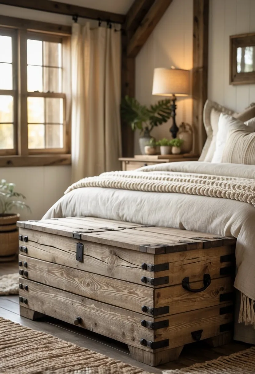 Rustic Farmhouse Wooden Chest at Foot of Bed
