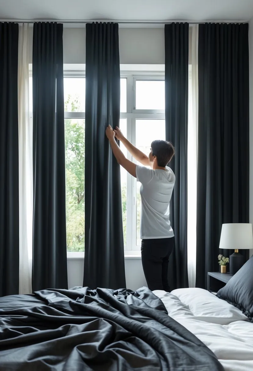 Install black drapes for light control