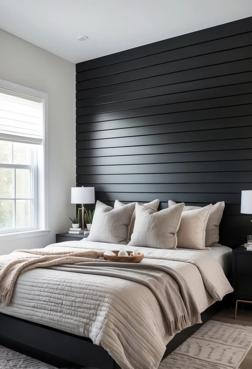 Install black shiplap behind the bed