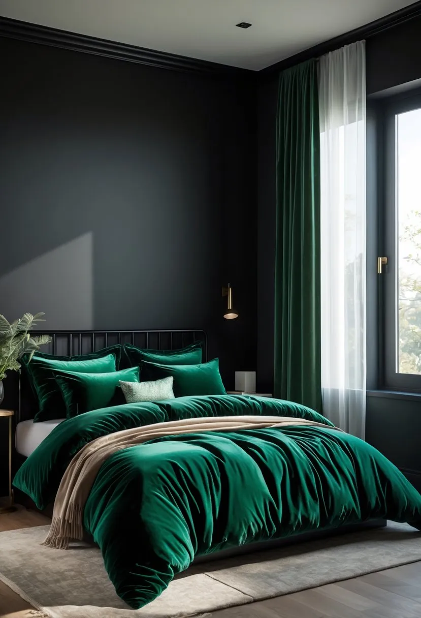 Pair black walls with jewel-toned bedding
