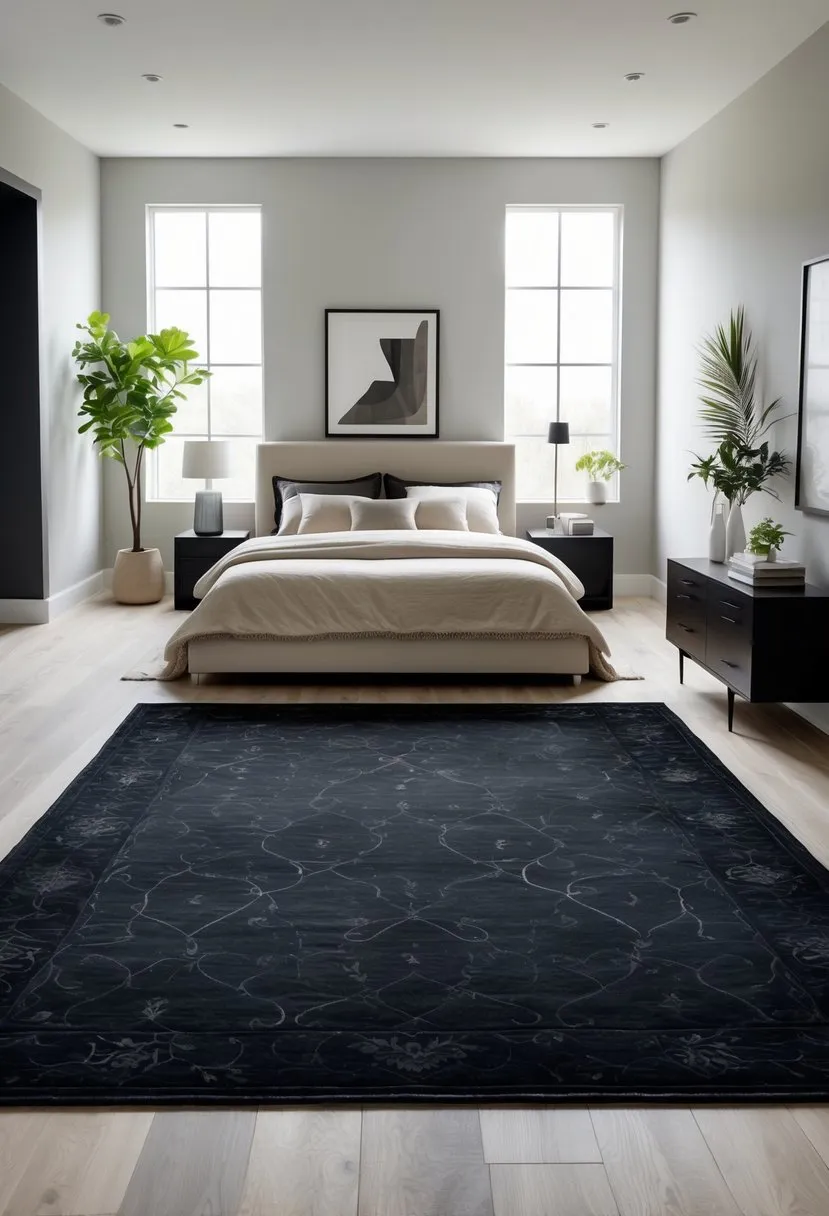 Add black area rugs with subtle patterns