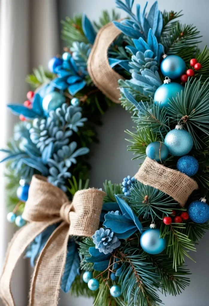  Coastal Blue Wreath with Burlap Ribbon