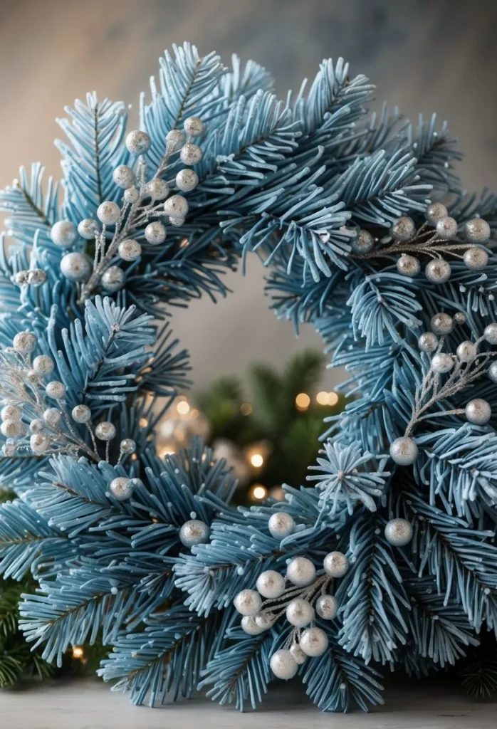 Icy Blue Faux Pine Wreath with Silver Frosting