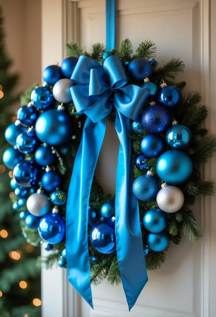  Blue Ornaments Wreath with Ribbon Accent