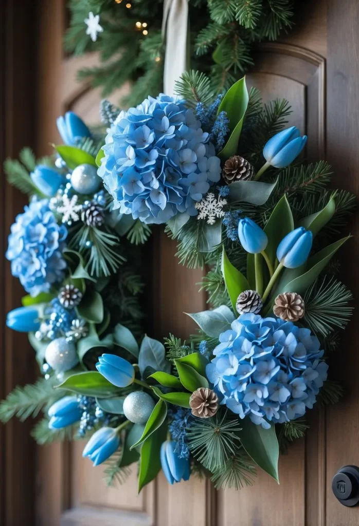  Blue Hydrangea and Tulip Holiday Wreath