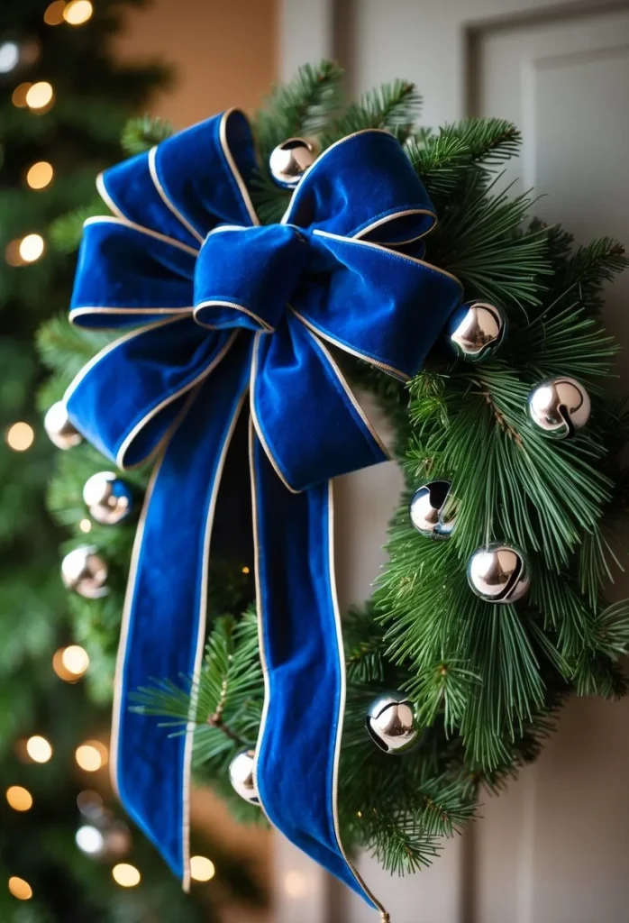 Blue Velvet Ribbon Wreath with Silver Bells