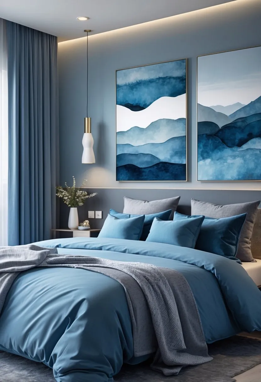 Add coordinated artwork featuring blue and gray landscapes or abstracts