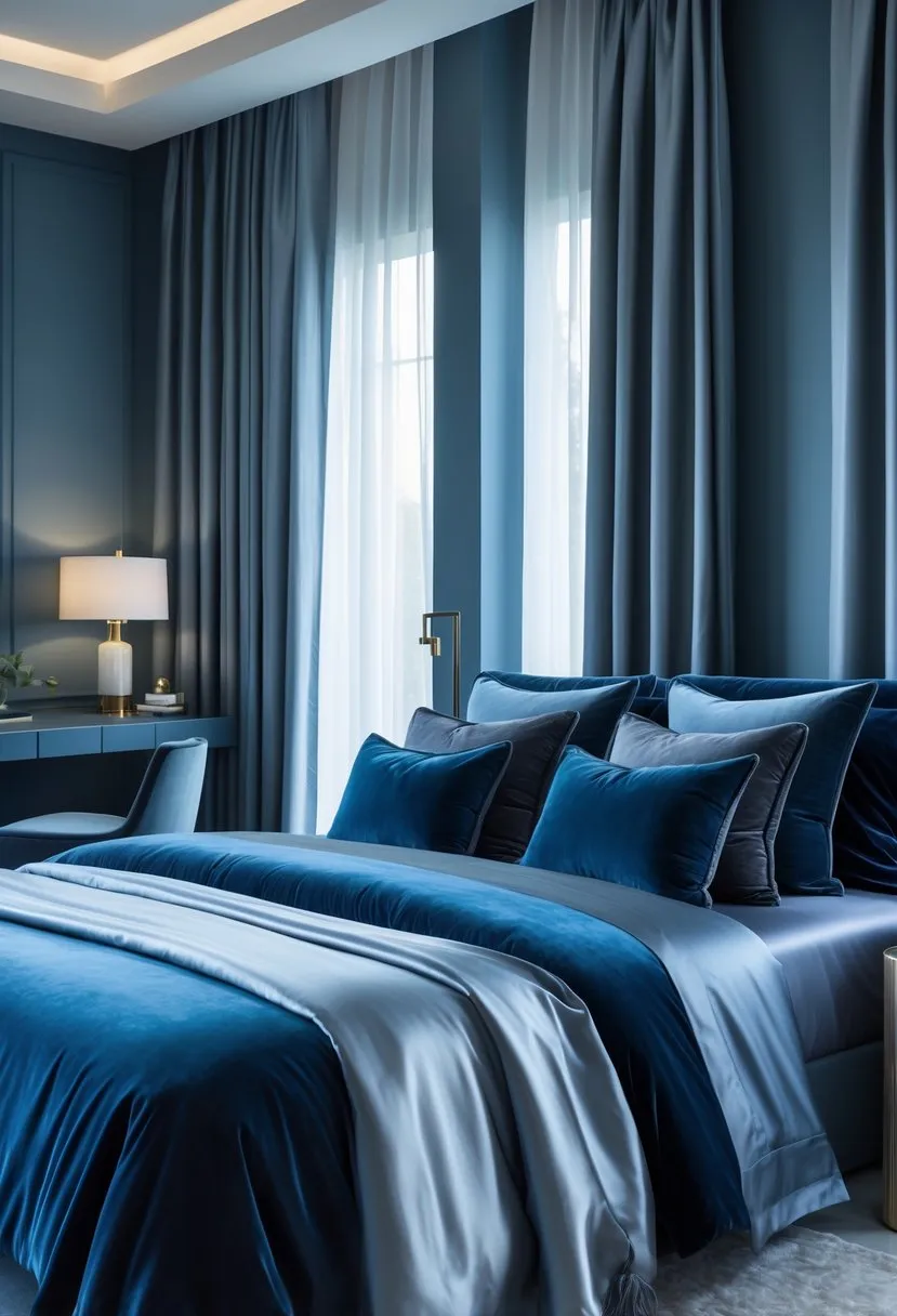 Add coordinated artwork featuring blue and gray landscapes or abstracts