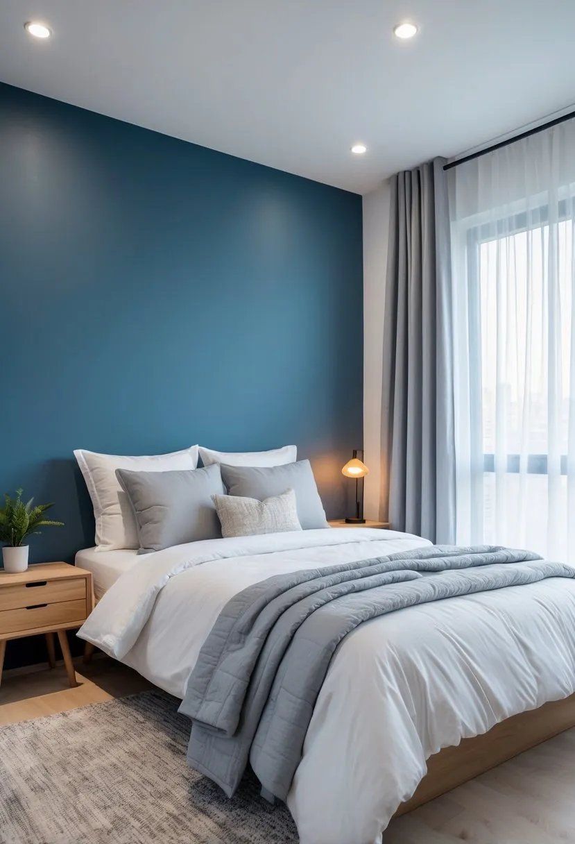 blue-gray accent wall to anchor the bedroom