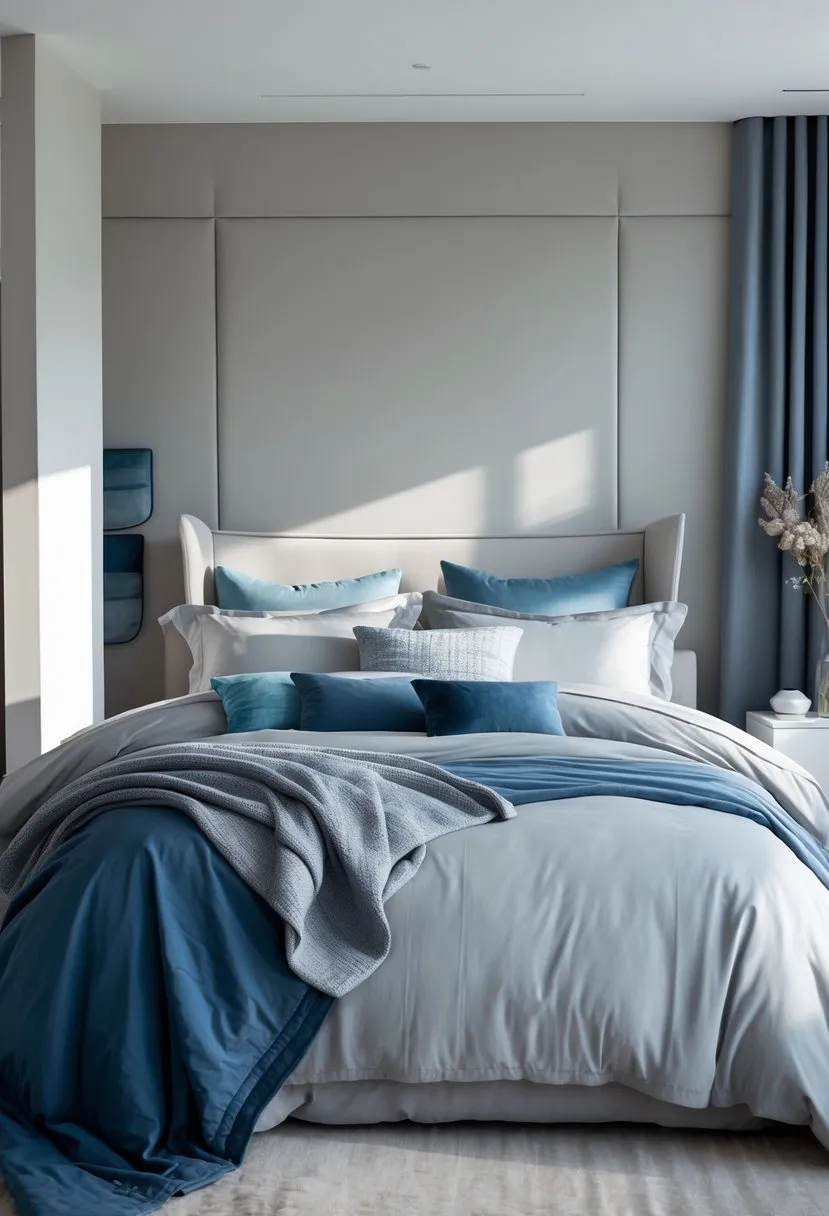 soft gray and blue bedding layers for added depth and comfort