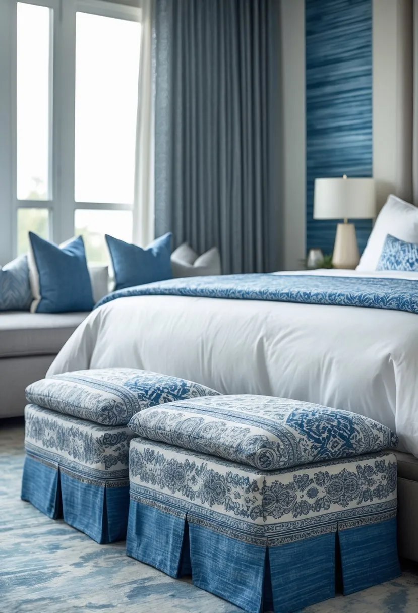 Use patterned benches or ottomans with blue and gray motifs